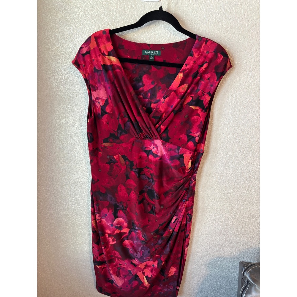 Lauren Ralph Lauren Red Floral Surplice Sheath Dress Ruched V-Neck Cap Sleeve 16